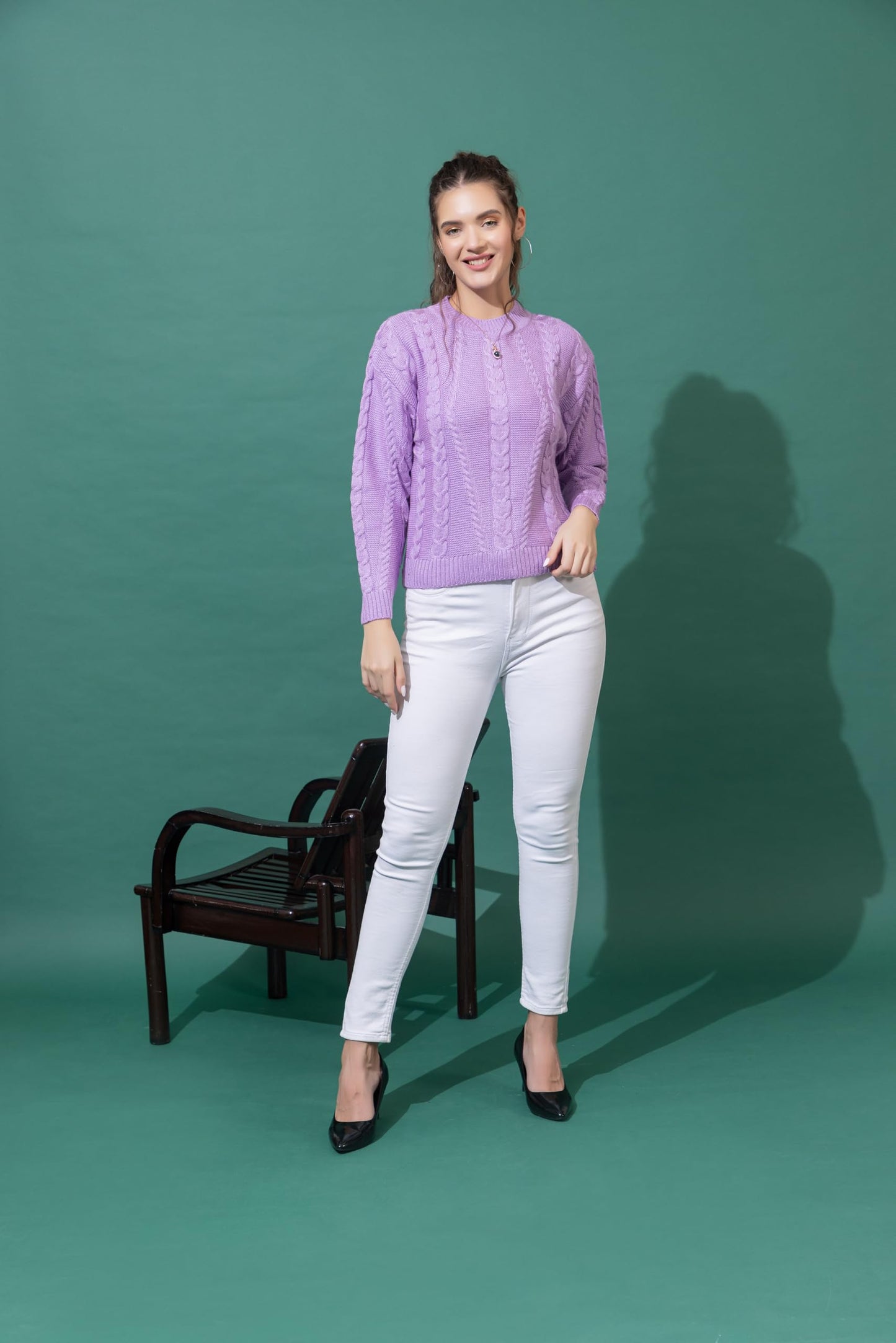 Wear lusso Women Sweater for Winter Woolen Full Sleeves Round Neck Cable Design Stylish Sweater for Winter Season (in, Alpha, L, Lavender)
