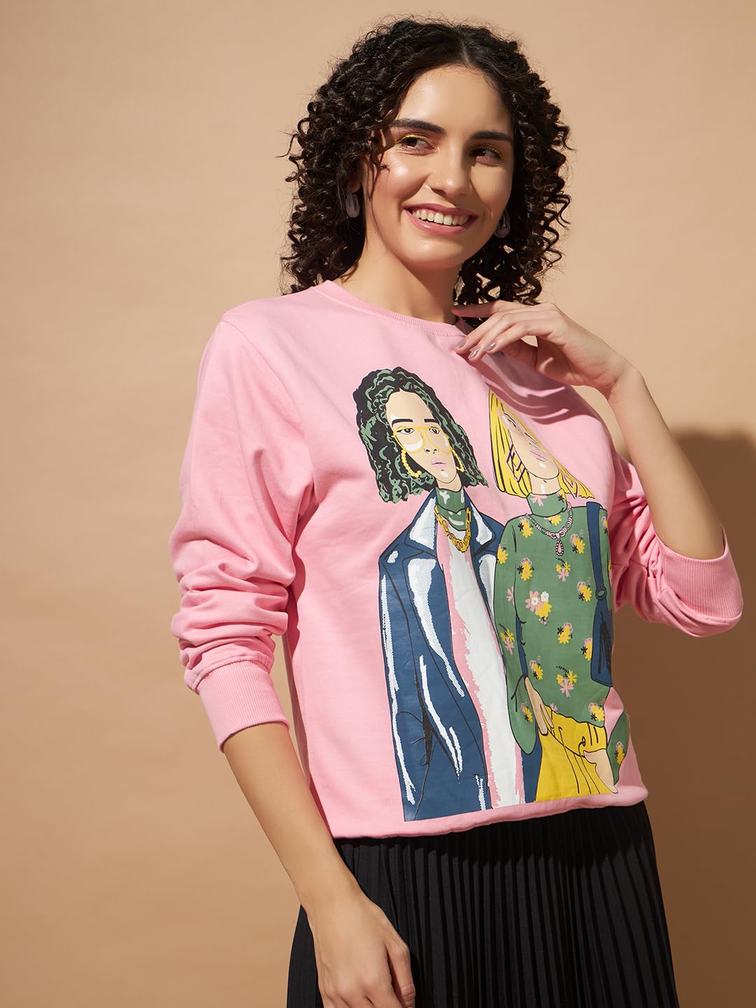 THE DRY STATE Women's Round Neck Loose Fit Sweatshirt with Graphic Print at Front