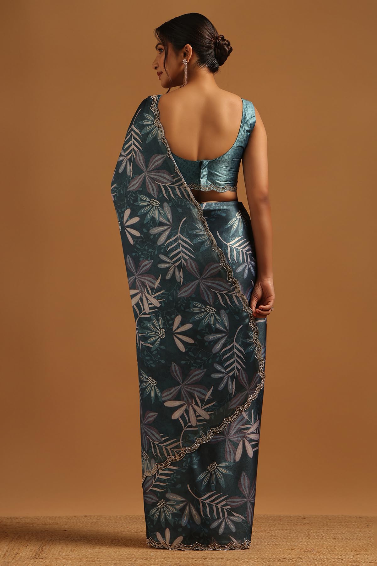 Soch Womens Blue Satin Botanical Saree With Stone Work
