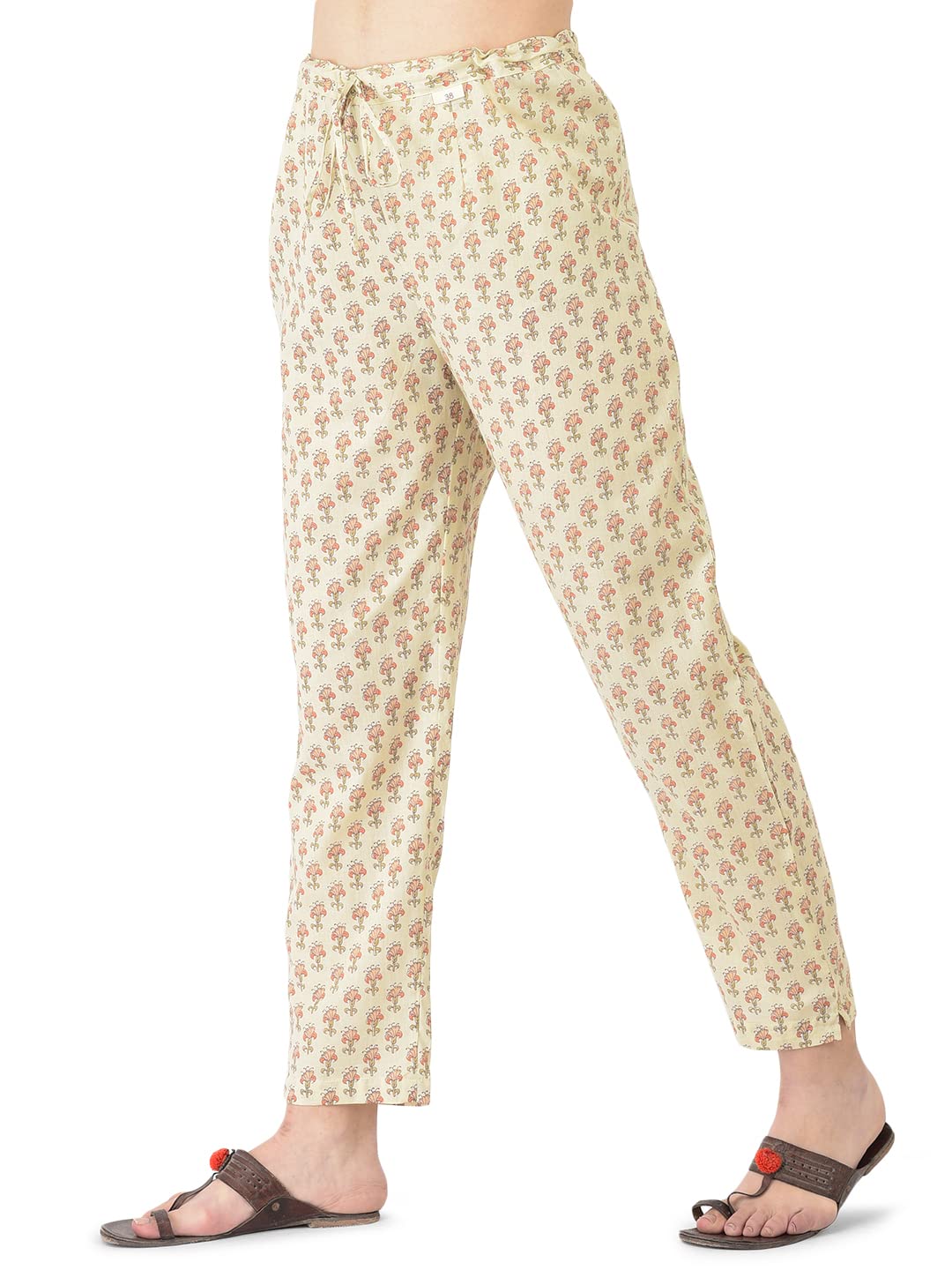Pistaa's Women Cotton Straight Printed Suit Set (Cream, Large)