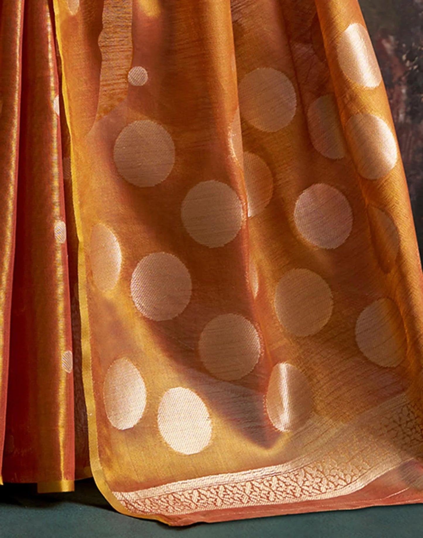 SWORNOF Gold-Toned Woven Design Tissue Saree With Unstitched Blouse Piece (ORANGE)