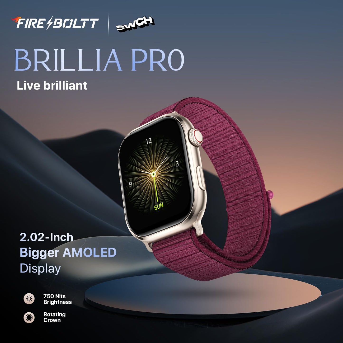 Fire-Boltt Brillia Pro Smart Watch with 51.3mm (2.02 inch) AMOLED Display, Bluetooth Calling, SpO2, Heart Rate Monitoring, 120+ Sports Modes, IP67 Waterproof, Long Battery Life, Nylon Strap (Wine)