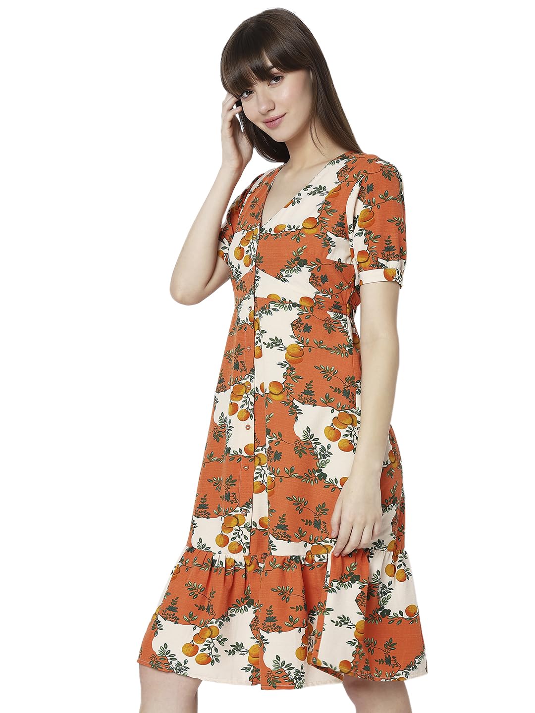 Vero Moda Women's Polyester Sheath Knee-Length Dress (10299470-Coral Gold_Coral M)