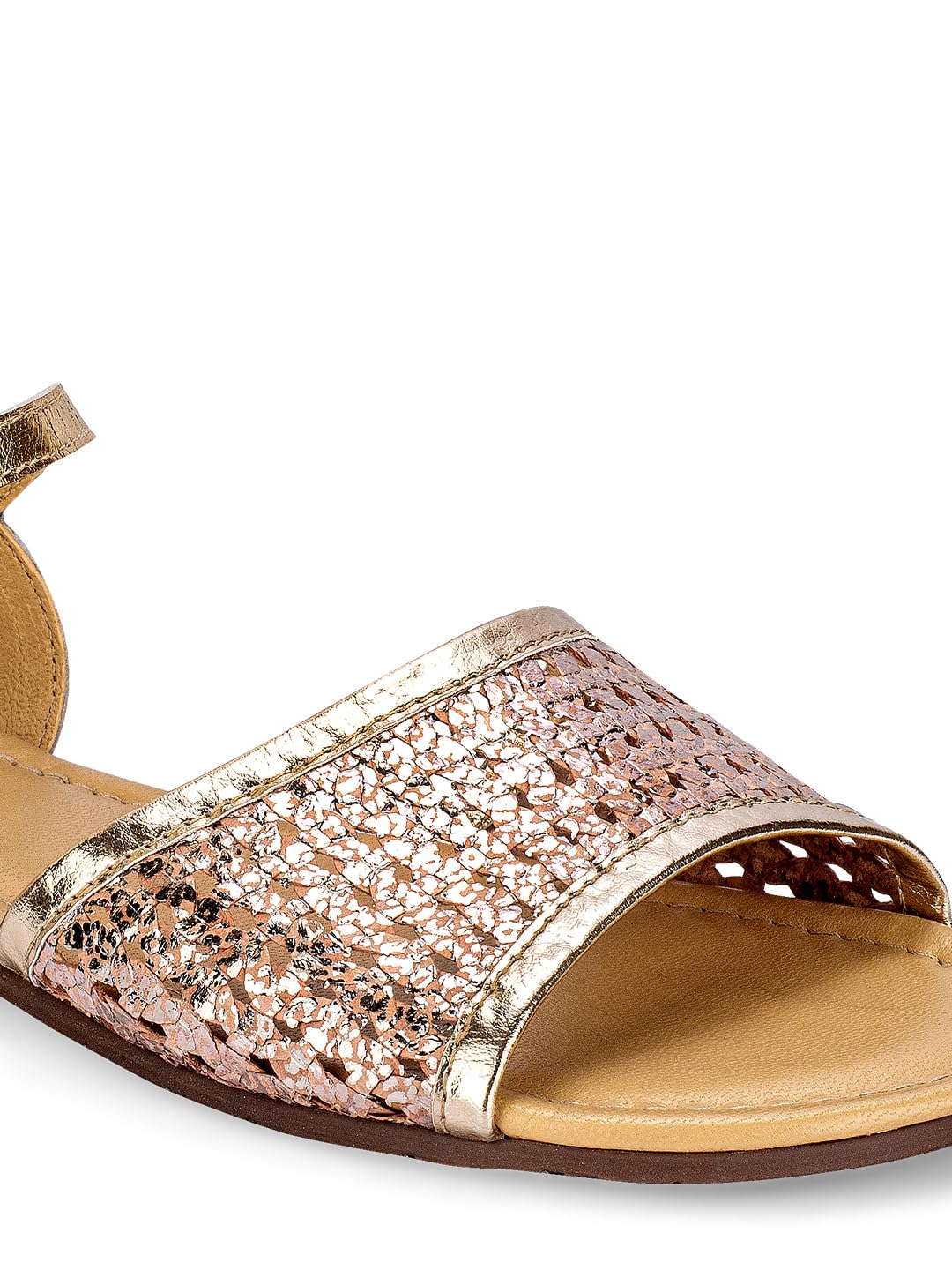 eske Cielle Women's Metallic Leather Flat Sandals with Ankle Strap | Buckle Closure | Cushioned Leather Insole | Glitter Embellished Party Wear Flats for Women