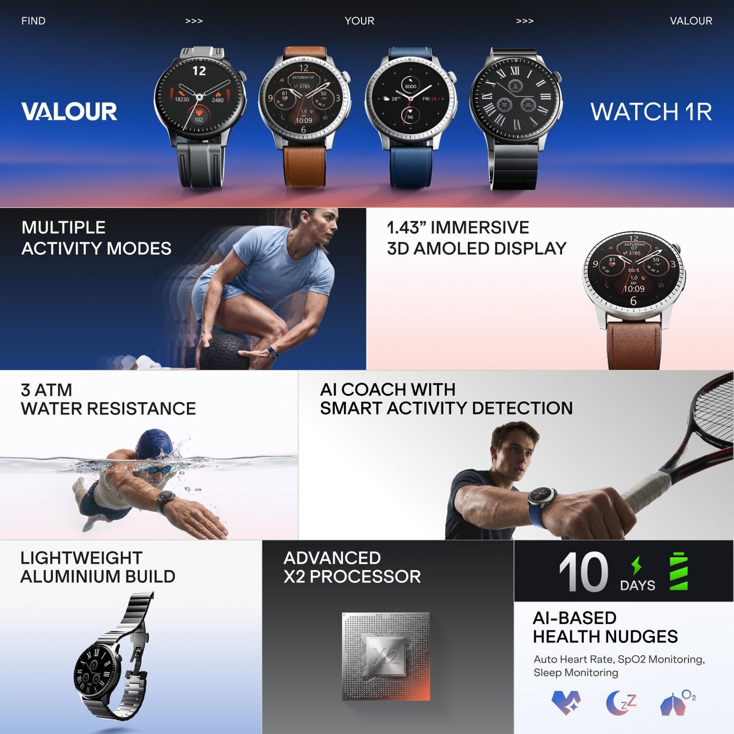 Boat Valour Watch 1 R, AI Smart Habit Builder, 1.43" 3D Immersive AMOLED Display, 1000 nits, Light-Weight Aluminium Build 3 ATM, 10 Days Battery Life, Smart Watches for Man (Imperial Leather)