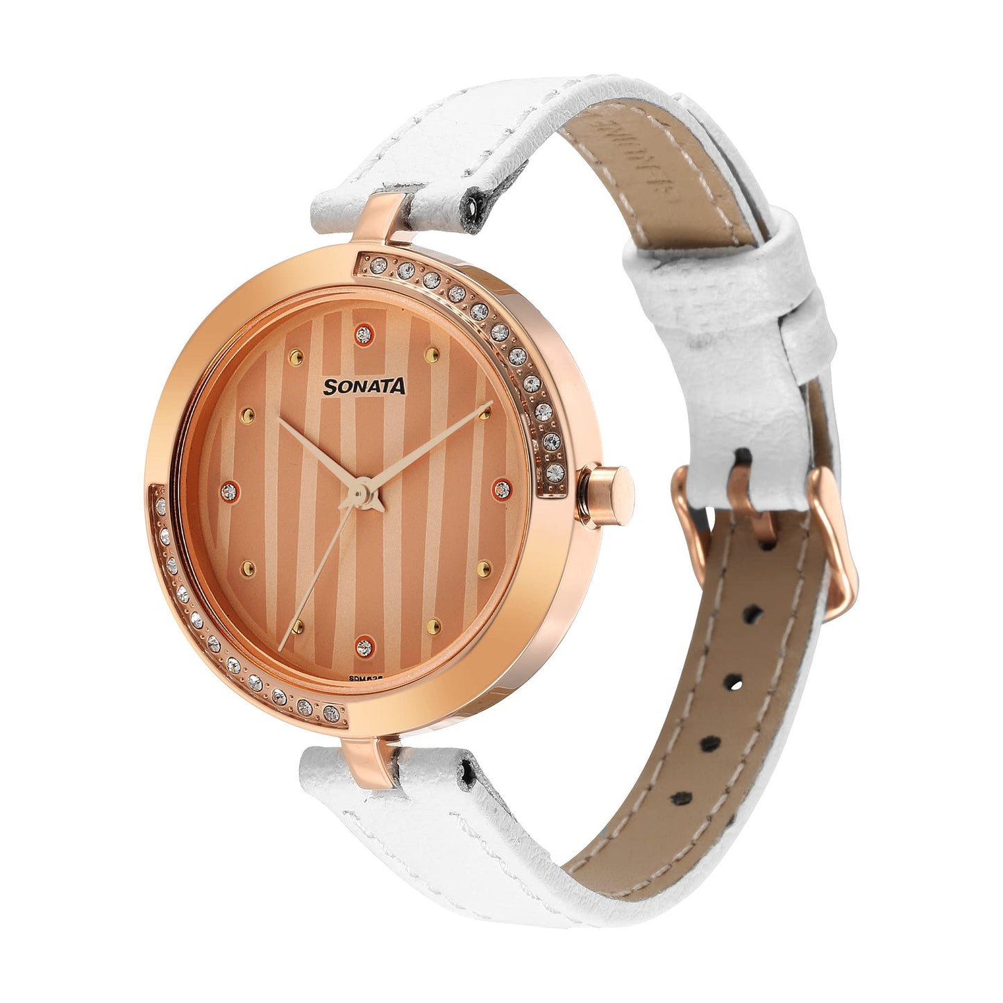 Sonata Utsav Rose Gold Dial White Leather Strap Analog Watch for Women-NR8184WL01