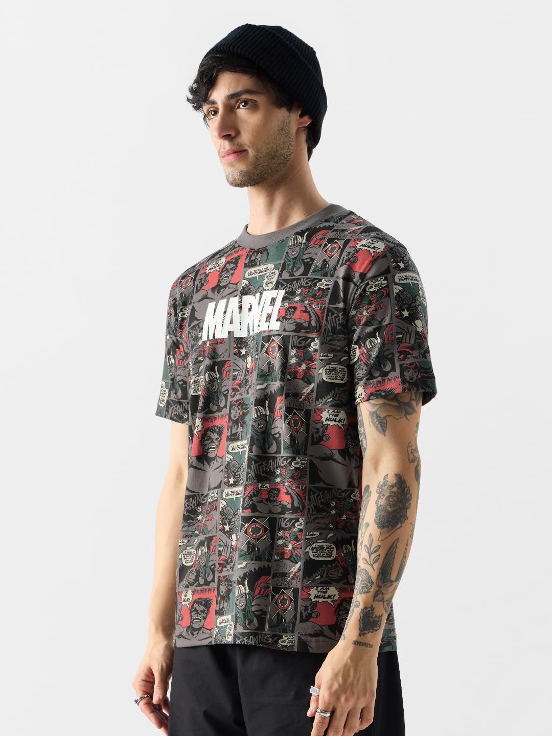 The Souled Store Official Marvel: Comic Nerd Men and Boys Short Sleeves Round Neck Grey All Over Printed Cotton T-Shirts