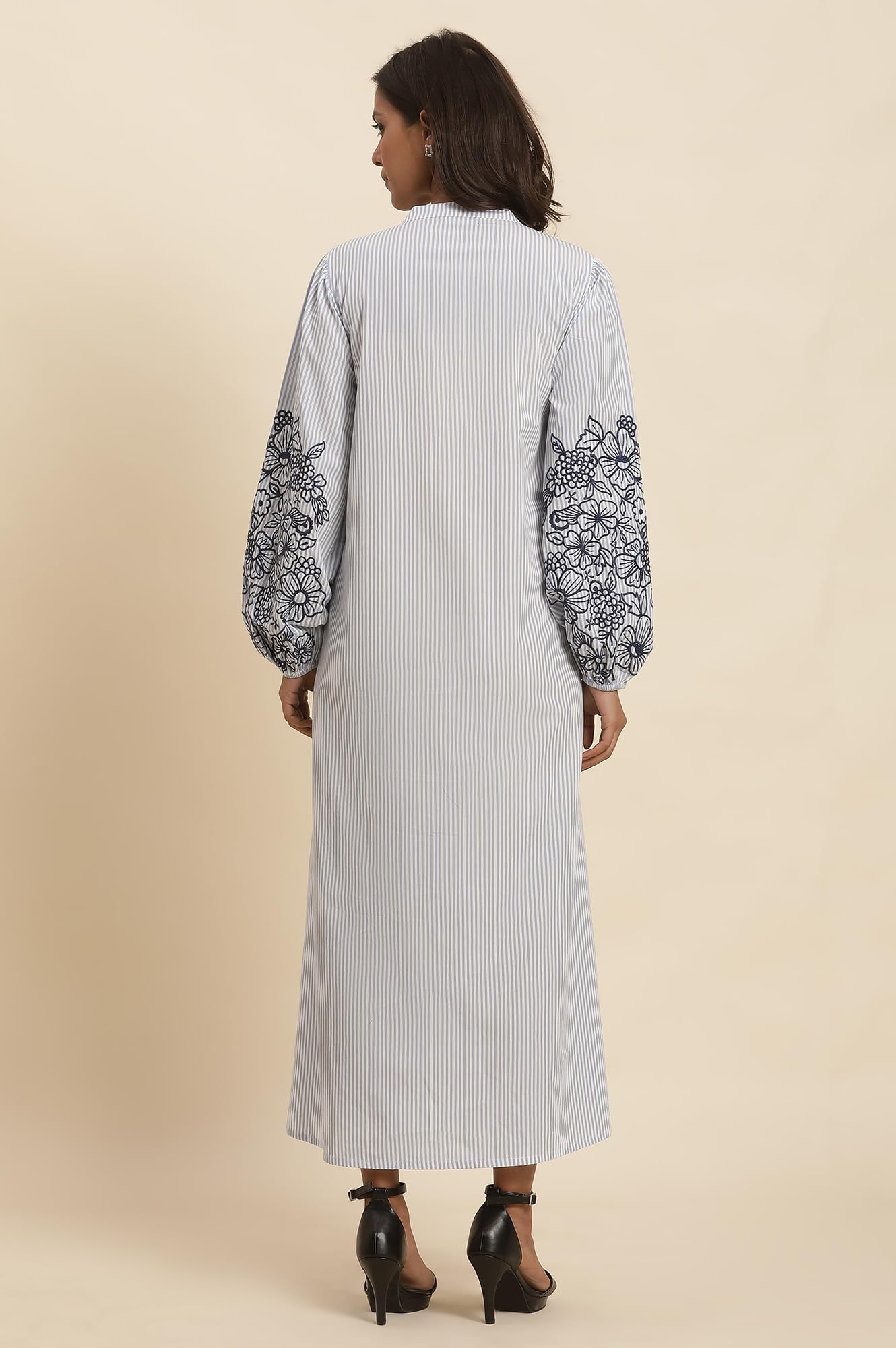 W Women White Striped Print Cotton A-Line Dress_24FEW10715-830329_M