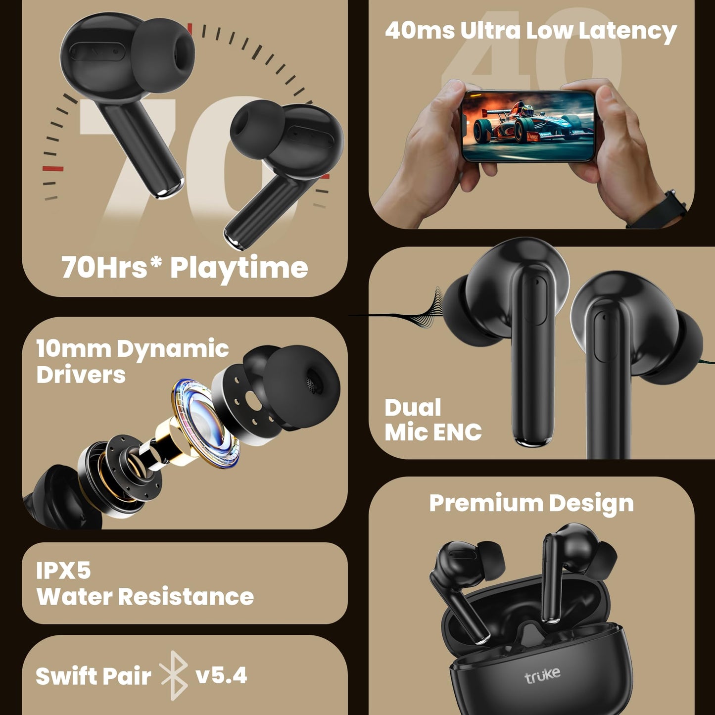 truke New Launch Buds Elite True Wireless in Ear Earbuds with 10mm Dynamic Driver, 70Hrs Battery & Fast Charging EarBuds, Dual-MIC ENC TWS, 40ms Low Latency Gaming Buds, Volume Control, BT 5.4 (Black)
