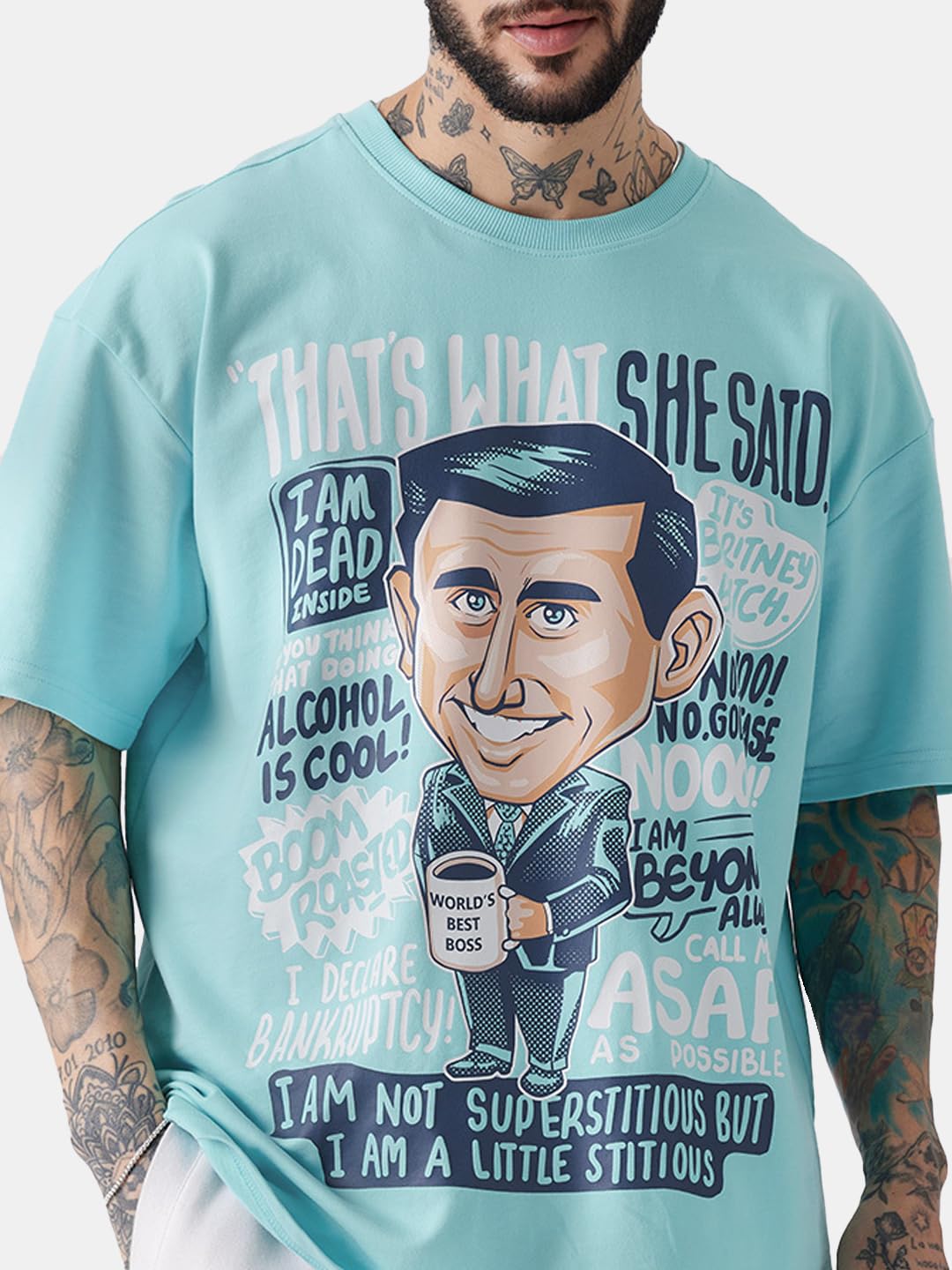 The Souled Store Official The Office: Michael Scott Men and Boys Oversized fit Graphic Printed Half Sleeve Cotton Sky Blue Color Men Oversized T-Shirts