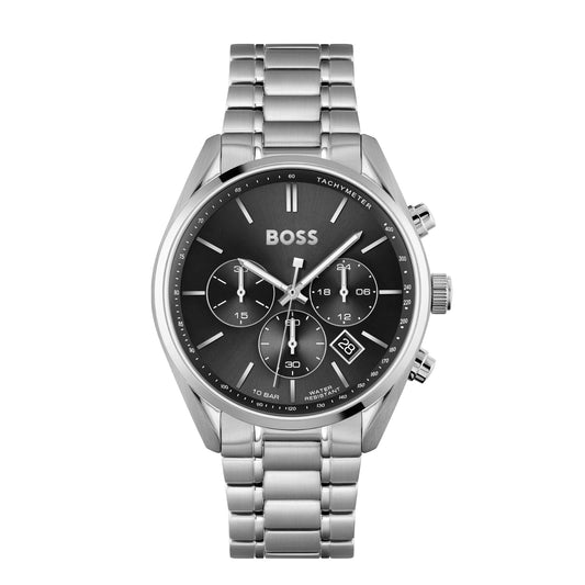 BOSS Champion Qtz Fashion Chrono Black Round Dial Men's Analog Watch|Stainless Steel Material|Silver Color Band - 1513871