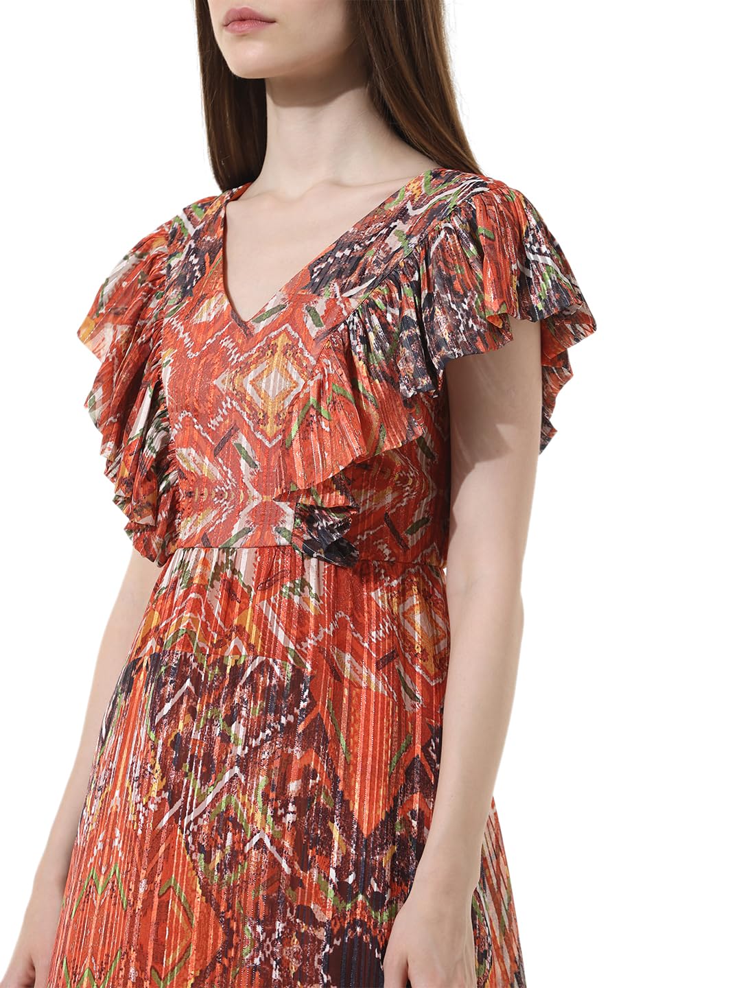 ONLY Women Printed Polyester Blend Ankle Length Brown Tiered Dress