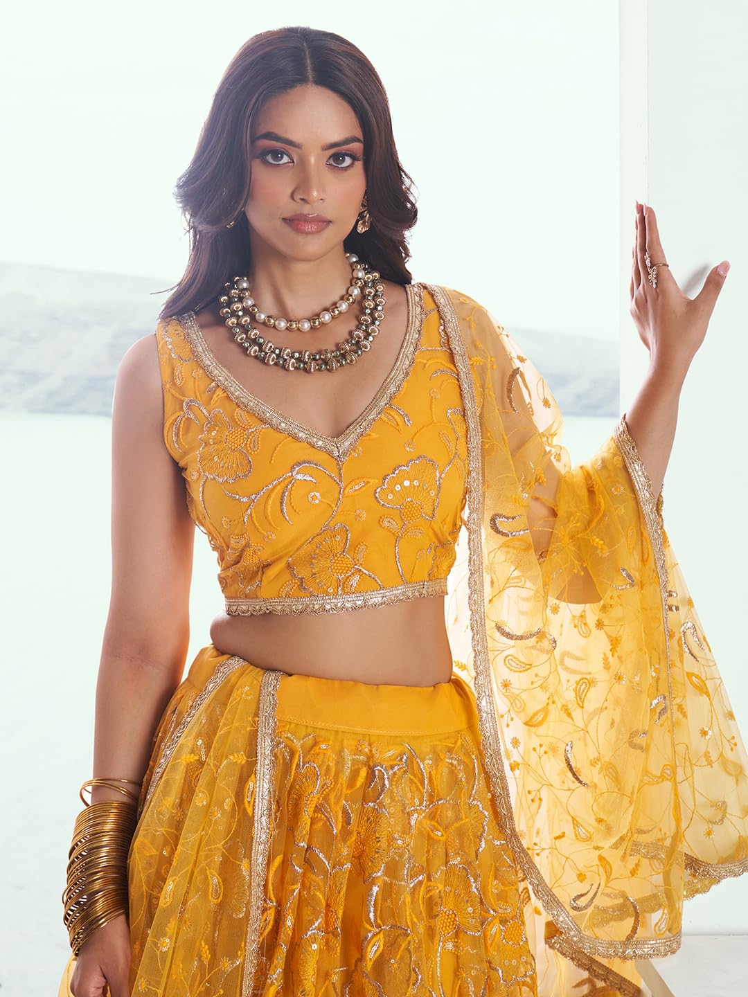 Zeel Clothing Women's Cotton Thread Sequins Work Embroidery Soft Net Readymade Lehenga Choli Set With Dupatta (Nfh-2204-Yellow-Women-Lehenga-Choli-Latest; Free Size)