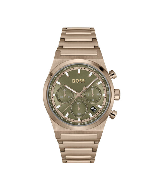 BOSS Candor Chrono Qtz Fashion Chrono Olive Green Round Dial Men's Watch|Ionic Plated Beige Gold Steel Material|Gold Color Band - 1514222