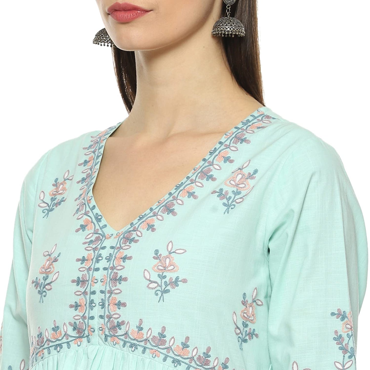 BIBA WOMEN EMBROIDERY STRAIGHT SALWAR KURTA DUPATTA(SKDPHULWARI8666_AQUA_38)