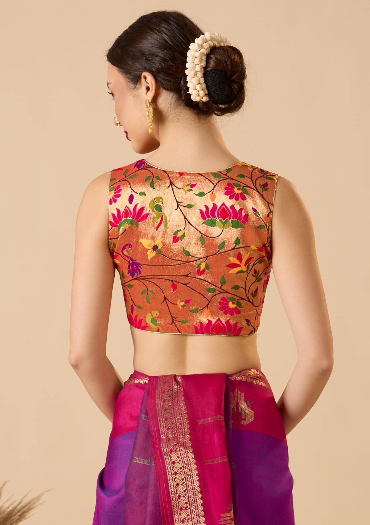Rose Gold Paithani Silk Waistcoat Sleeveless Readymade Blouse
