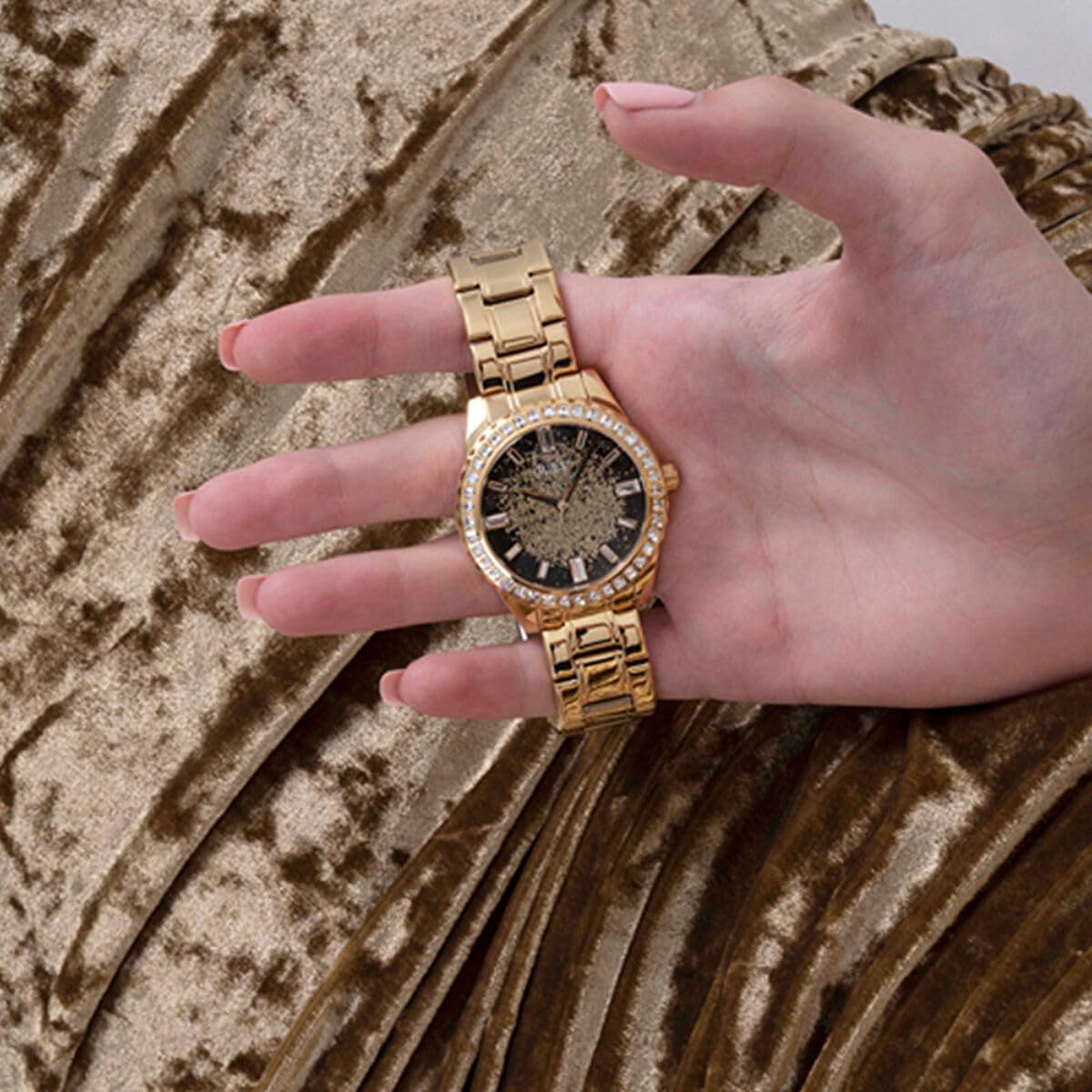 GUESS Stainless Steel Glitter Burst Collection Analog Black Dial Women Watch-Gw0405L2, Gold Band