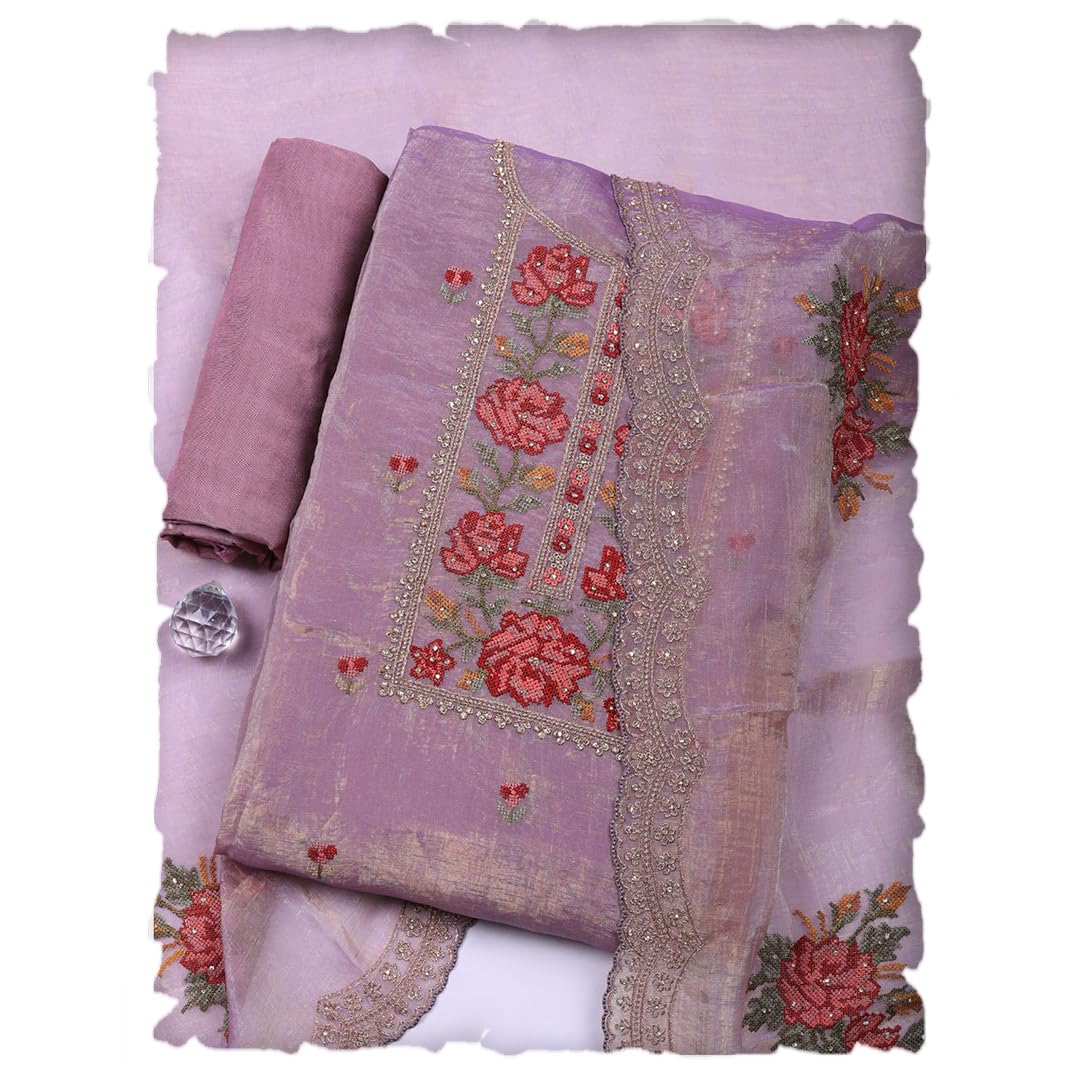 Meena Bazaar Purple Embroidered Tissue Unstitched Suit With Pant & Dupatta