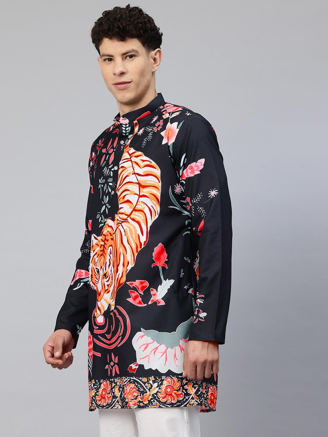 Luxrio Men's Cotton Blend Abstract Jungle Printed Textured Long Kurta Full Sleeves Black Size XXL