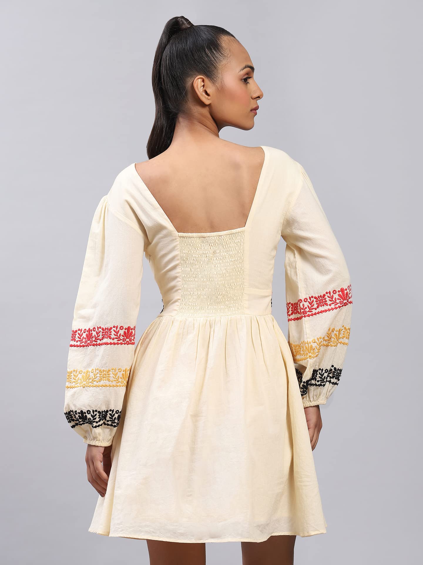 Label RITU KUMAR Women Cotton V Neck Full Sleeve Embroidered Short Casual Dress White