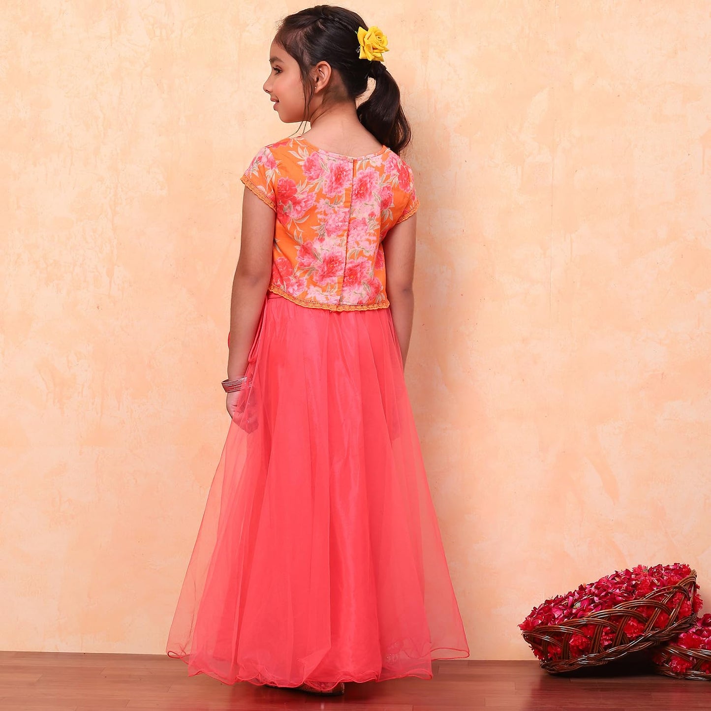 Biba Girls Orange Flared Cotton Printed Lehenga Choli set