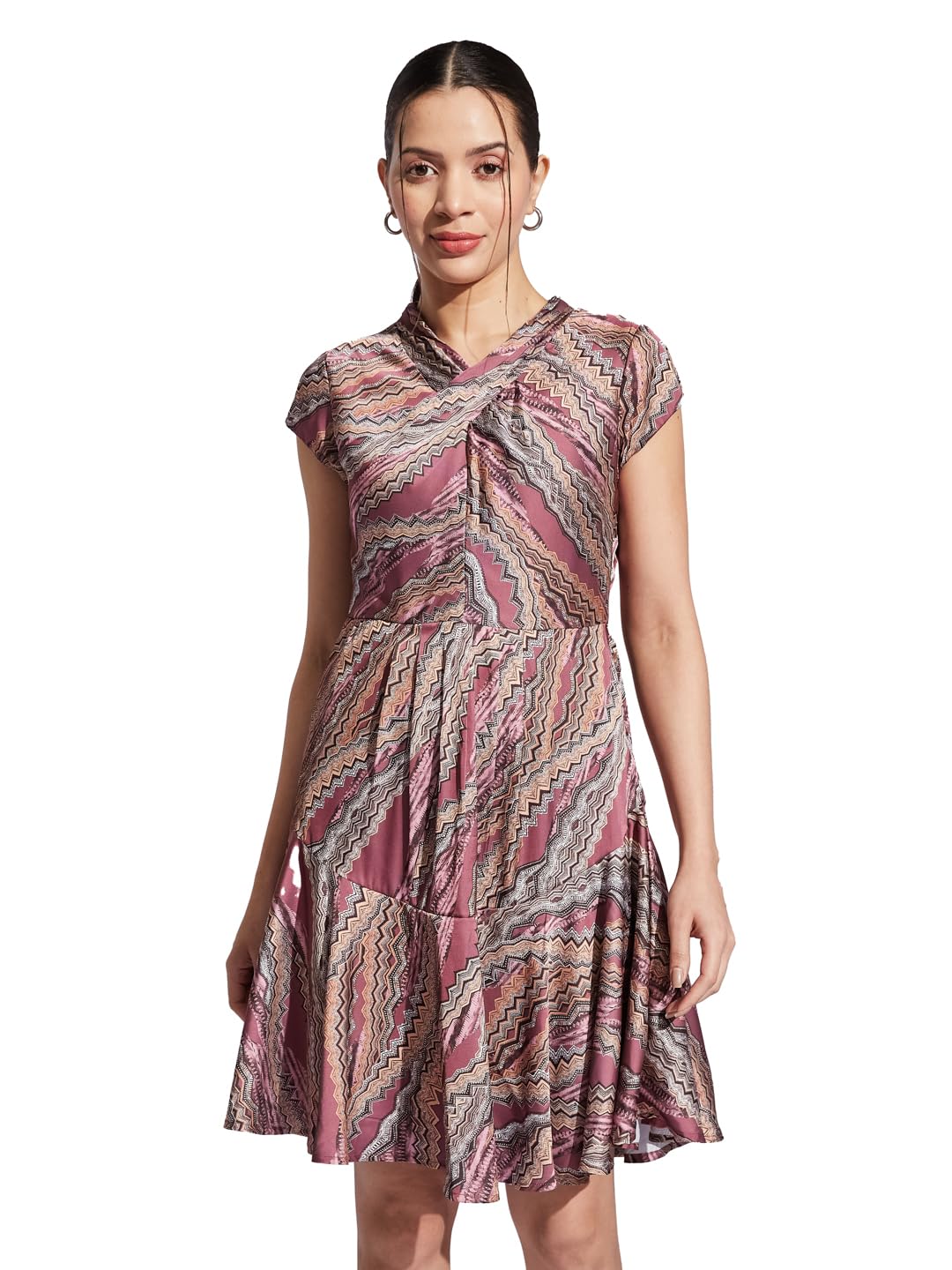 Latin Quarters Women Pink V-Neck Cap Sleeve Printed Fit & Flare Dress for Casual Wear