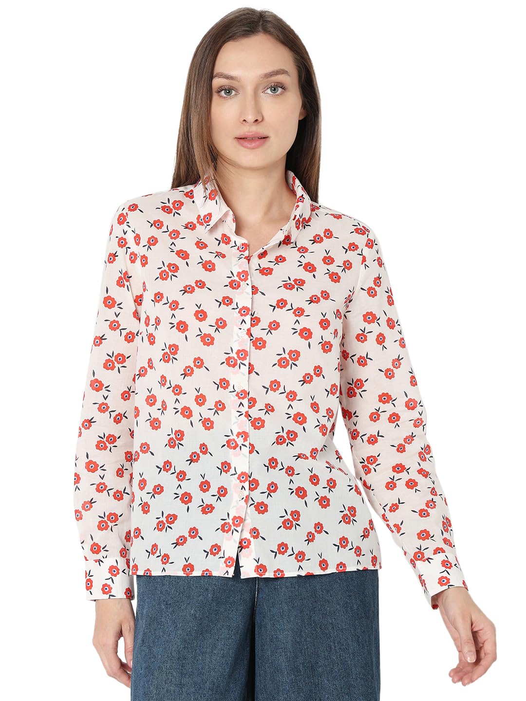 VERO MODA Women Floral Print Orange Cotton Regular Fit Shirt
