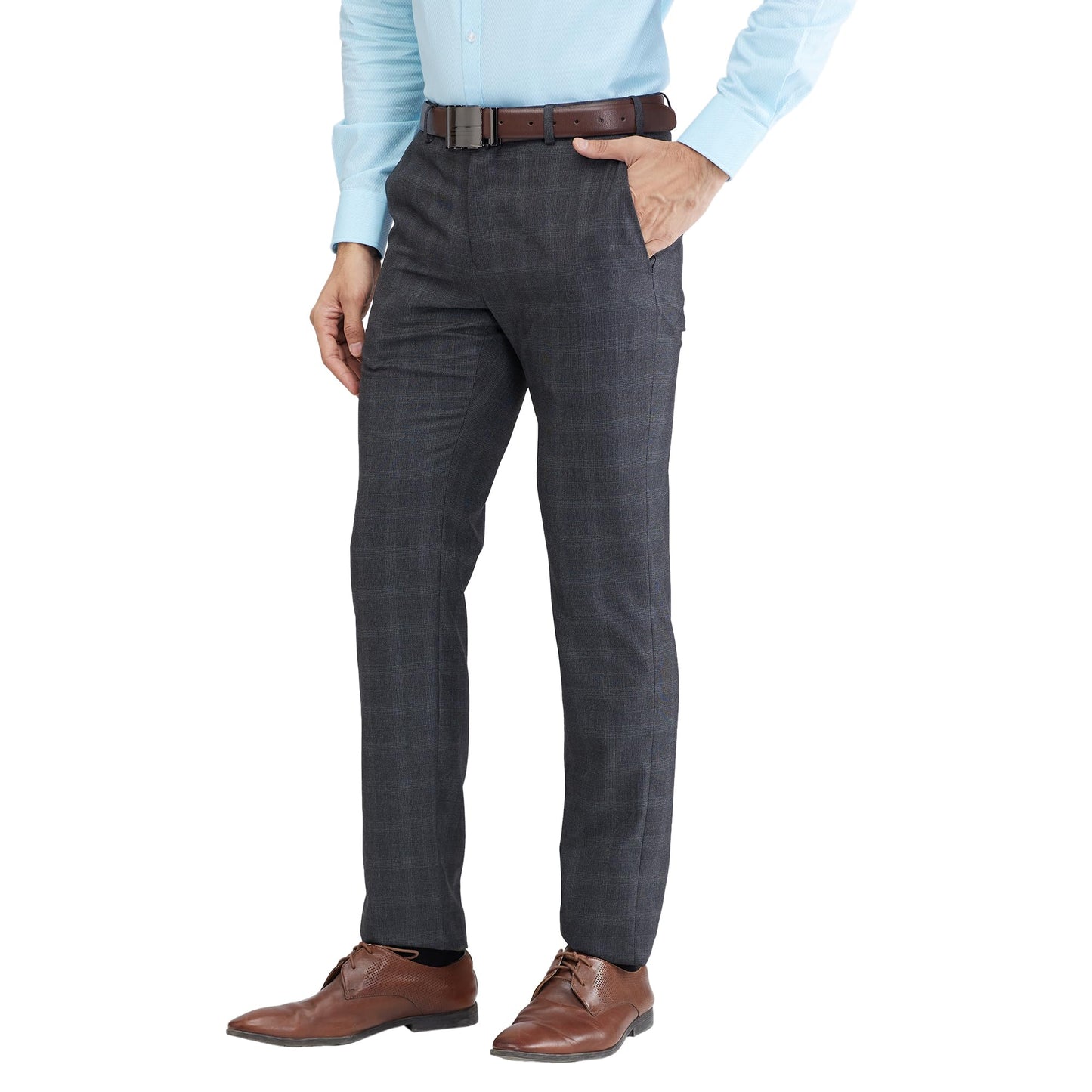 Raymond Men's Slim Fit Formal Trousers, Poly Viscose Blend, Checked Pattern, Flat Front | Dark Grey