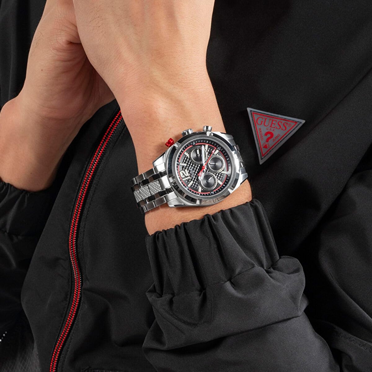 GUESS Stainless Steel Men Black Round Dial Analogue Watch- Gw0714G1, Band Color-Silver