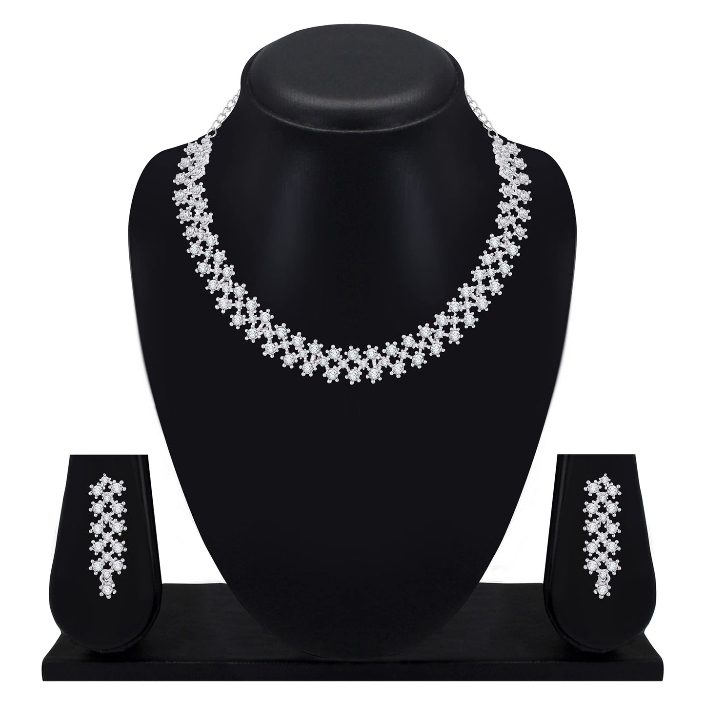 Atasi International Silver Plated White Stones/AD Diamond Necklace with Earrings - Jewellery Set for Women, Girls Best Suits for Party, Wedding and Festive Occasions (R5552)