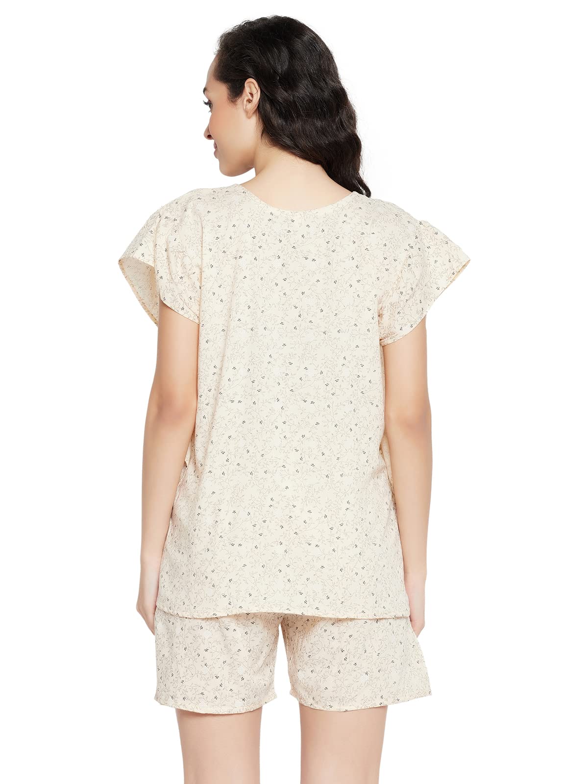 Clovia Women's Cotton Pretty Florals Kaftan Top & Short Set(LS0607P24_Beige_XL)