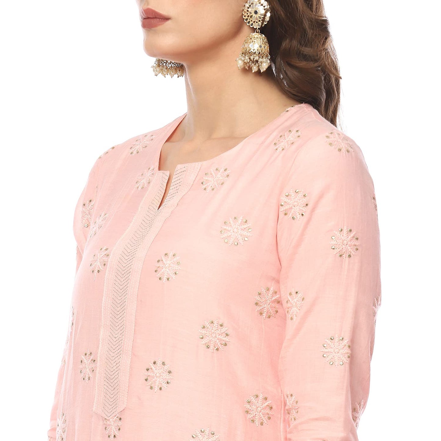BIBA WOMEN EMBROIDERY STRAIGHT SALWAR KURTA DUPATTA(SKDASSORTED8421_POWDER PINK_34)