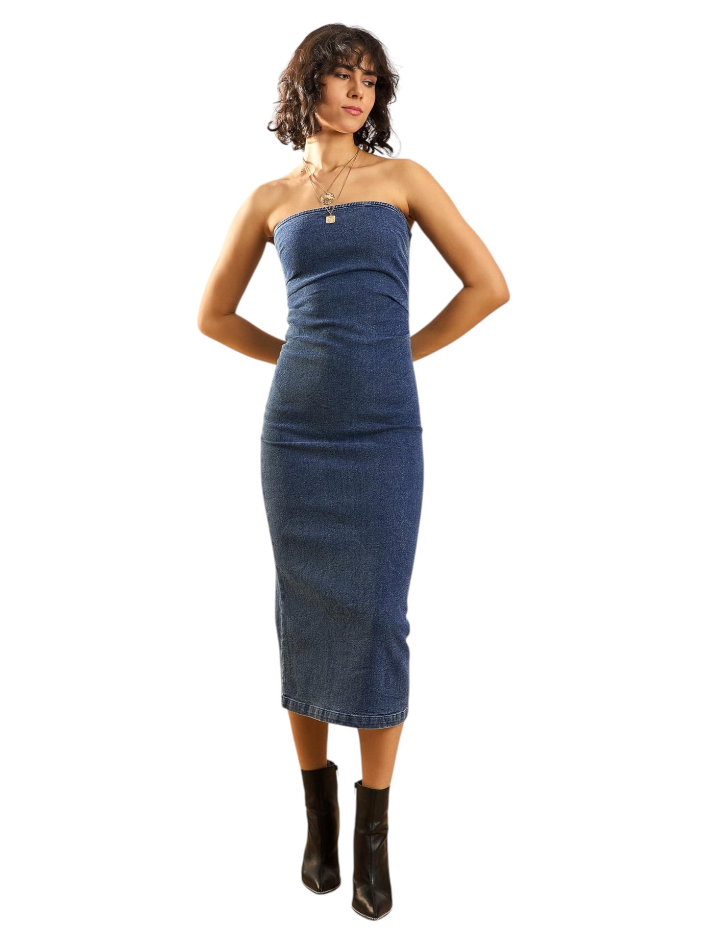 SASSAFRAS Women's Denim Bodycon Dress Below The Knee SFDRSS12271