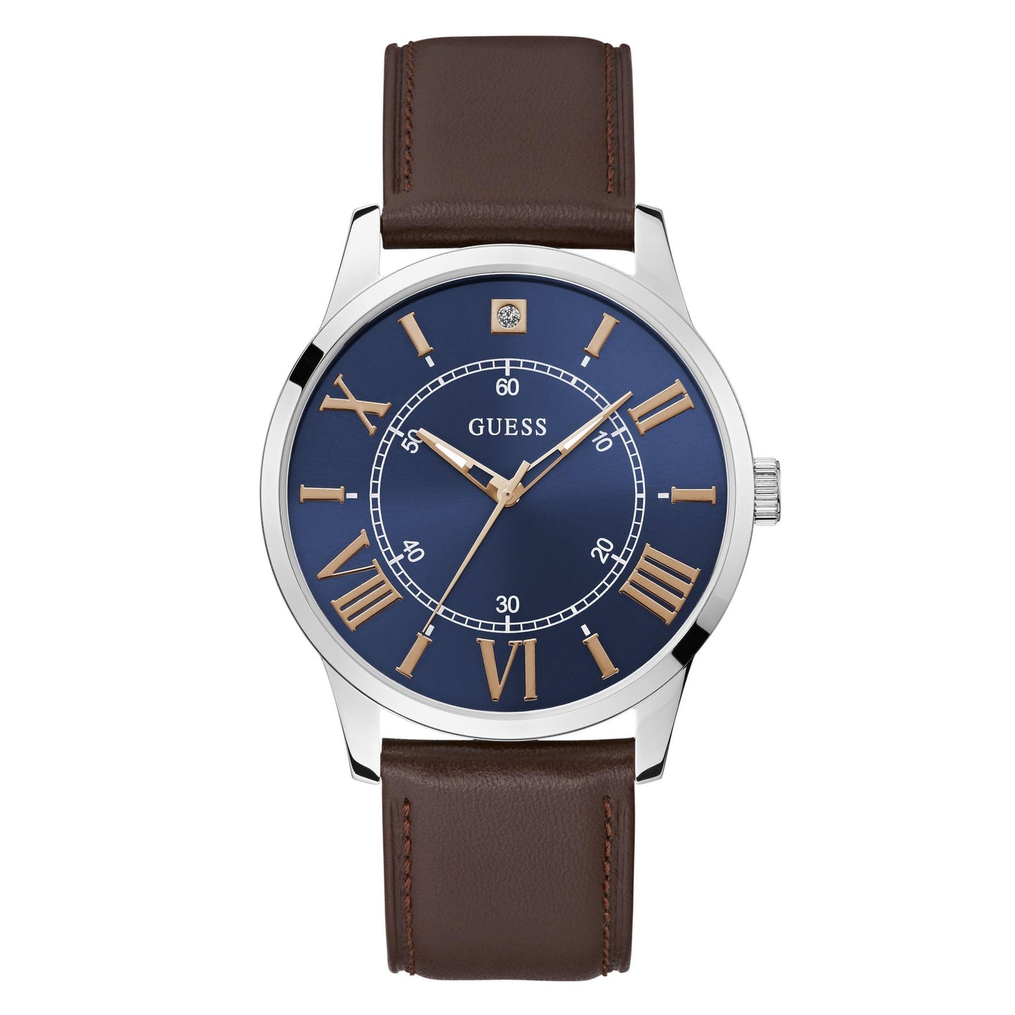 GUESS Leather Men 43 Mm Blue Dial Analog Watch- U1411G1M, Band_Brown