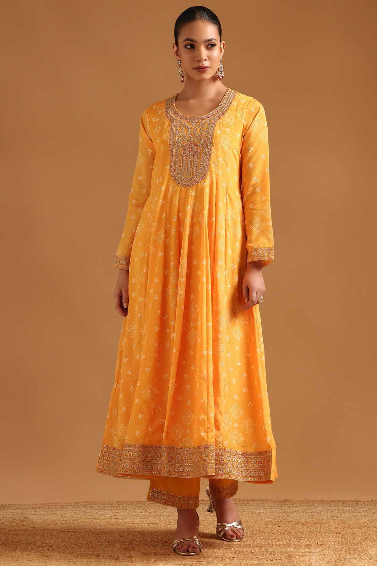 Soch Womens Mustard Chinon Bandhani Salwar Suit With Sequence Work