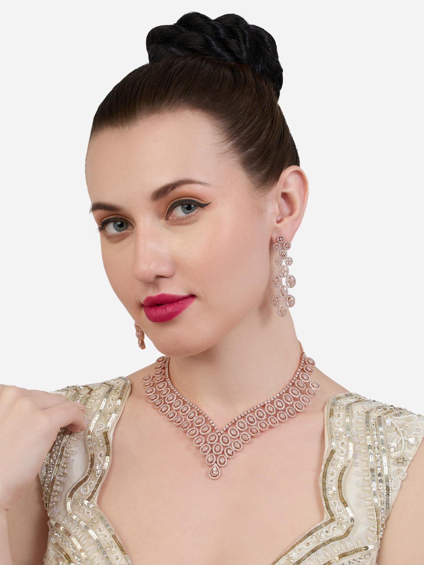 ZAVERI PEARLS Rose Gold Cubic Zirconia Contemporary Brass Necklace & Earring Set For Women-ZPFK21107