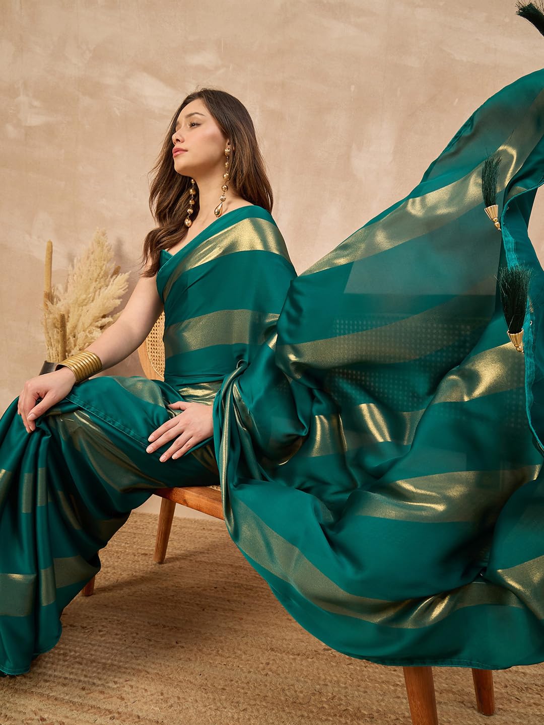 AKHILAM Women's Teal green Satin Foil Print Tassels and Latkans Saree With Unstitched Blouse Piece | saree for woman | Designer Saree for Women | Soft and Skin Friendly (RANI7103_RN)
