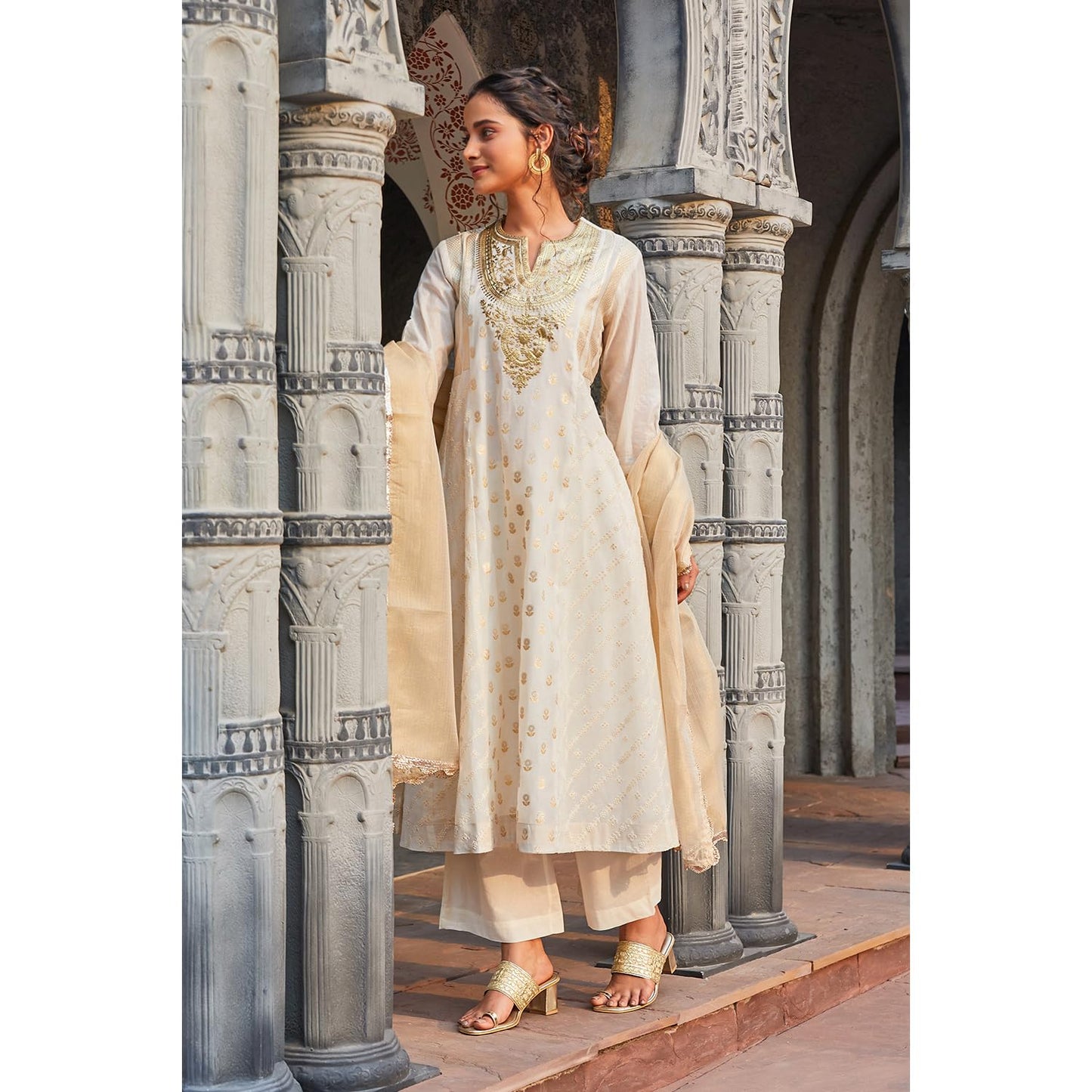 BIBA Women Cotton Blend Straight Self Design Suit Set (SKDMAURYA9378SS24OWHT_Off White