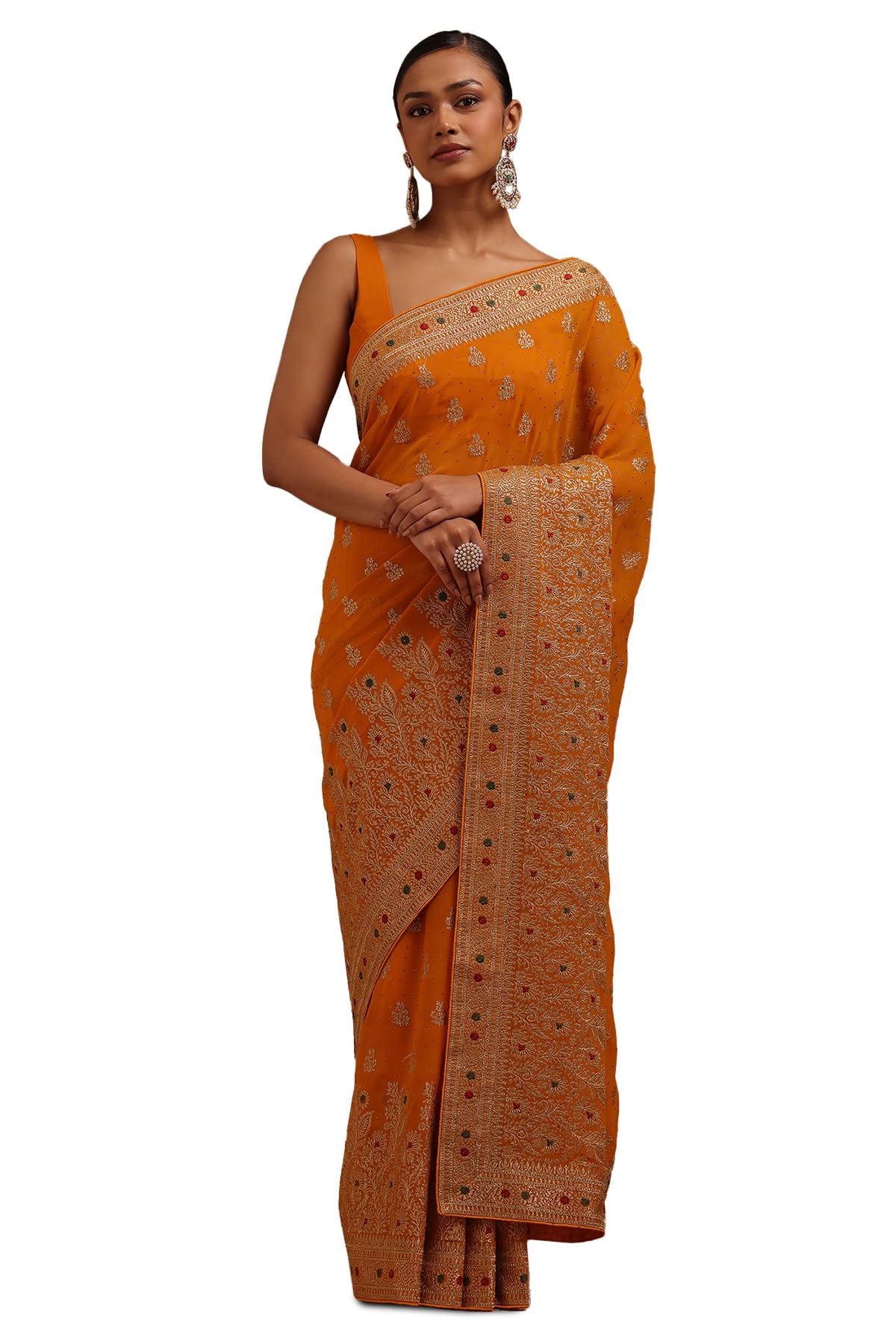 Soch Womens Mustard Georgette Embroidered Saree With Zari