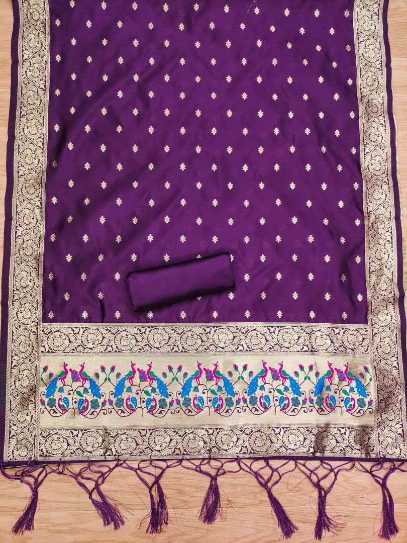 SHANTVAN GALLERY Banarasi Dress Materials for Women Unstitched Suit Set with Dupatta, Pure Zari Soft Banarasi Silk Suit Material for Women Unstitched Peacock Design Salwar Suit Material - Purple