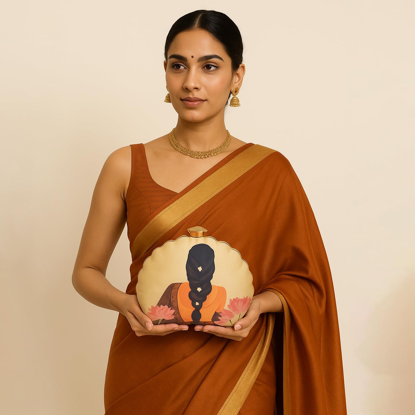 Artklim D - Shaped Flower Lady Printed Festival, Wedding Clutch Bag For Women With Detachable Chain Sling Strap | Purse for Navratri | Clutches for Navratri | Bags