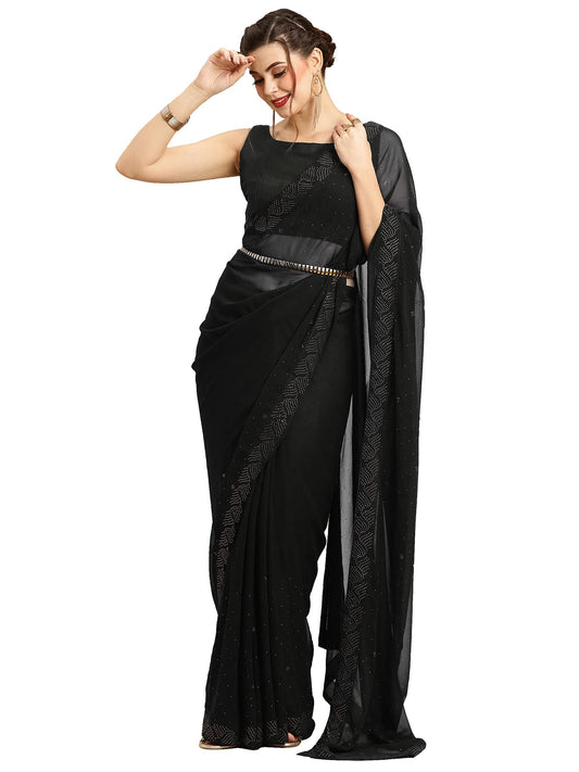 AKHILAM Women's Georgette Lace Work Embellished Designer Saree With Unstitched Blouse Piece (Black_GLMP902D)