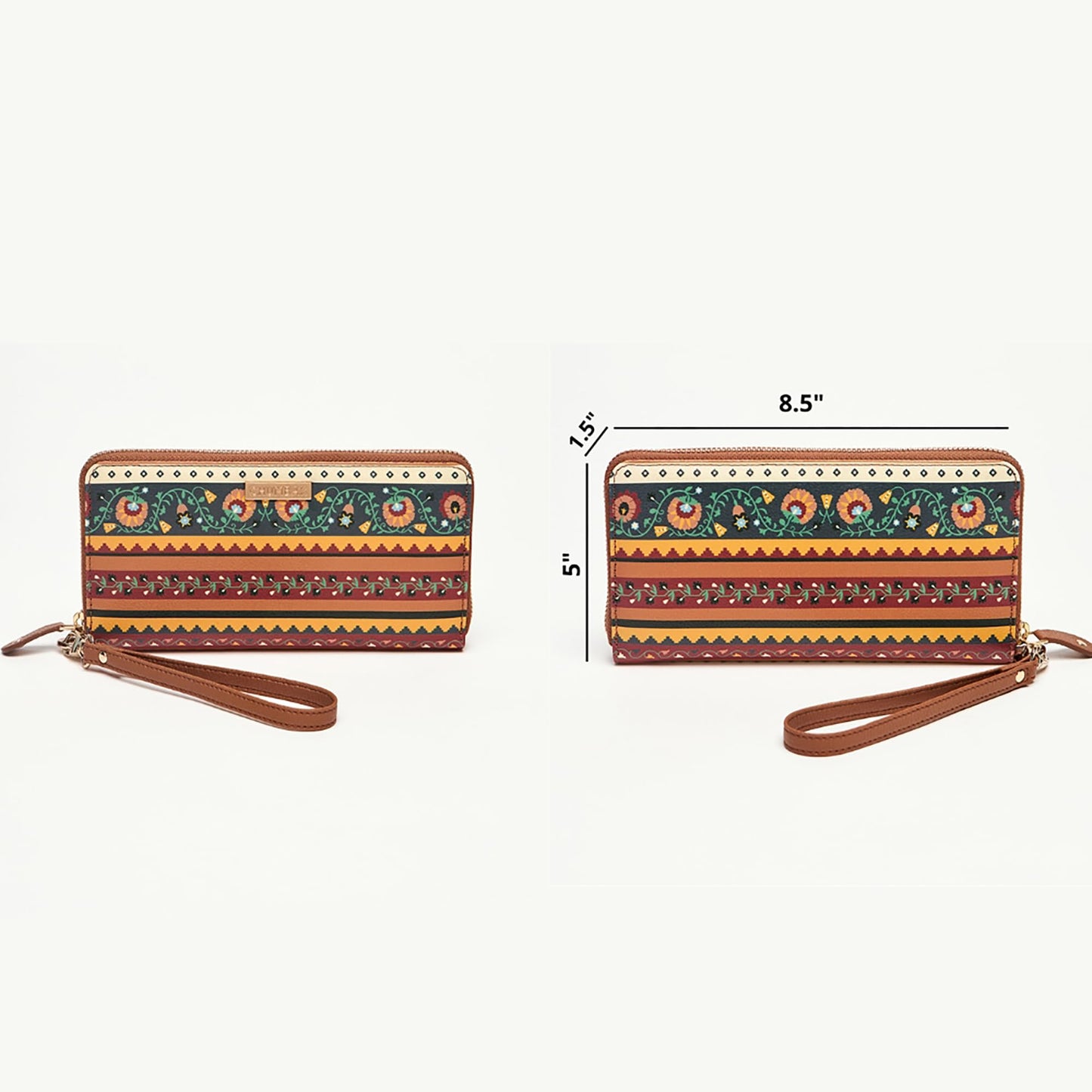 Chumbak Women’s Wallet – Jaipur Nomad Collection, Tan Floral PU Leather Compact Wallet with Zipper Closure, Lightweight Travel Purse for Women