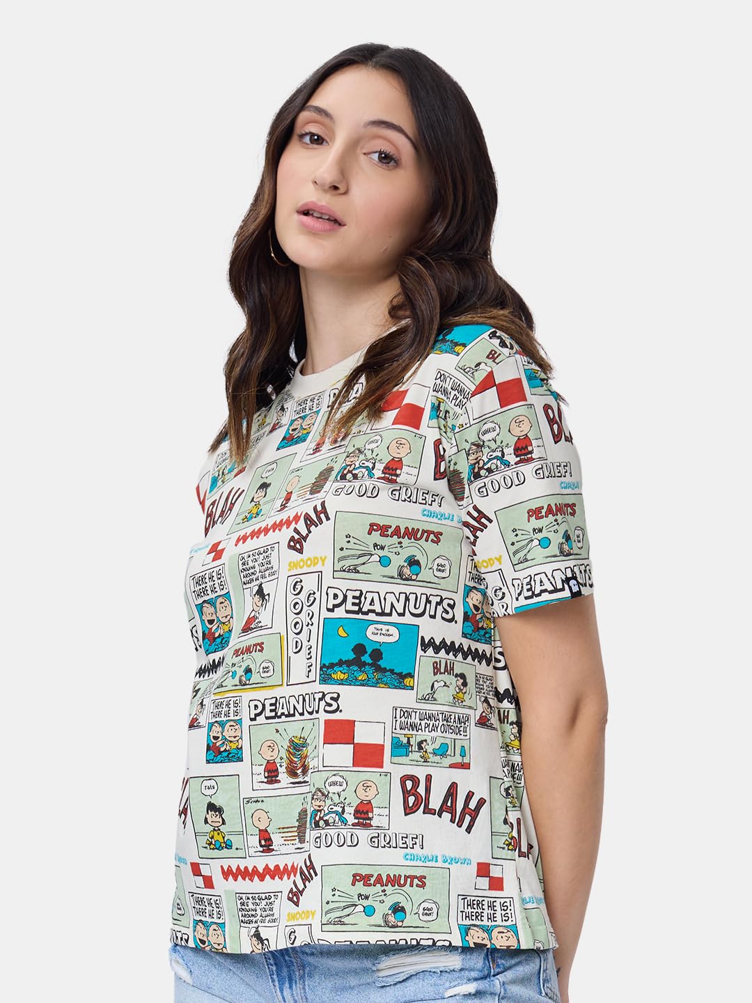 The Souled Store Official Peanuts: Old School Women and Girls Relaxed fit Graphic Half Sleeve Cotton White Color Women Relaxed Fit T-Shirts