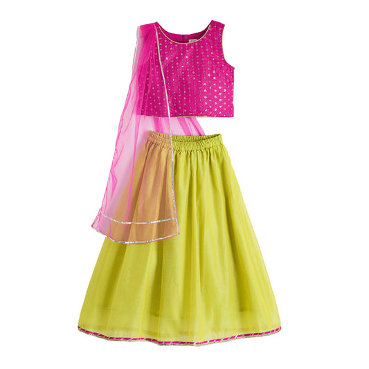 Hopscotch Girls Sleeveless Pink 2-Pc Sequin Lace Trim Lehenga Choli Set For Ages (9-10 Years)