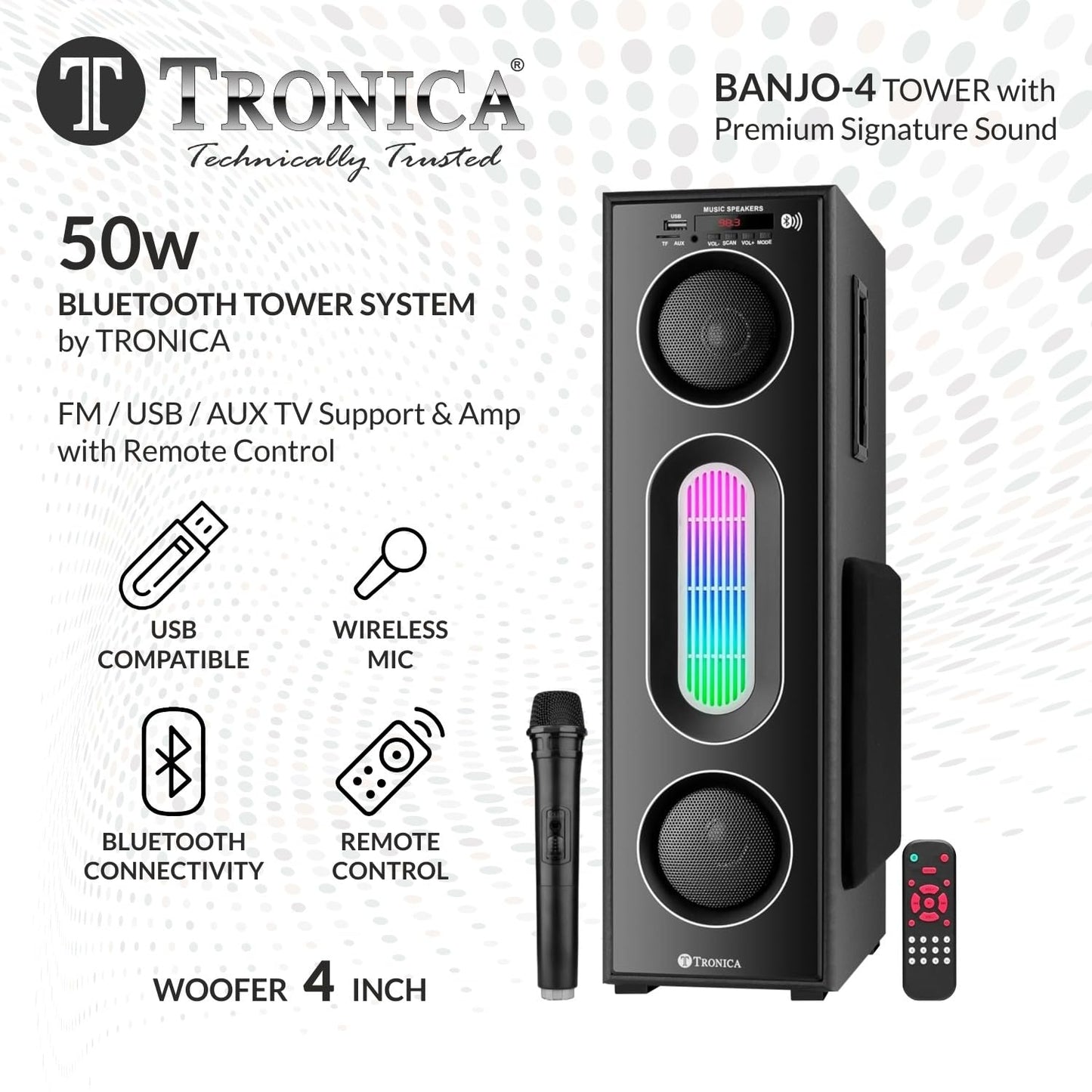 Tronica Banjo-4 Tower Bluetooth Speaker Deep Bass Home Theater with 50W Premium Signature Sound, Master Remote,RGB Lights and Free Wireless mic