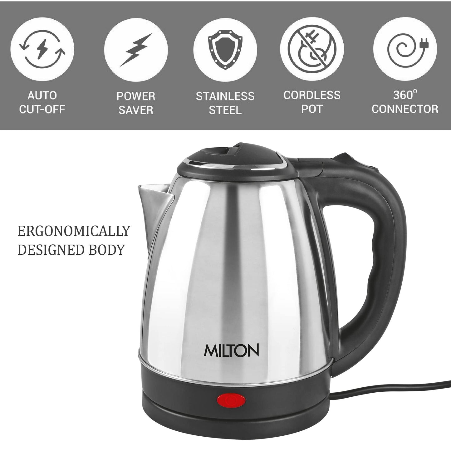 Milton Euroline Go Electro 1.5 Stainless Steel Electric Kettle, 1 Piece, Silver, 1.5 Litres | Power Indicator | 1500 Watts | Auto Cut-off | Detachable 360 Degree Connector | Boiler for Water