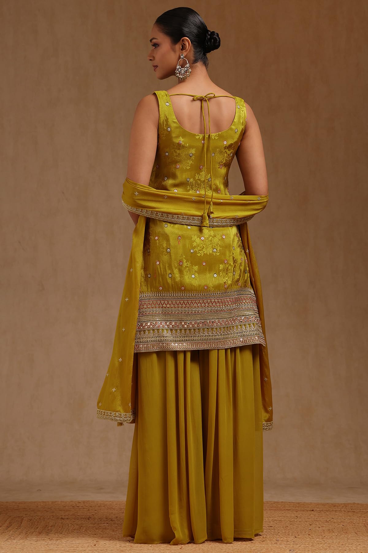 Soch Womens Mustard Tissue Embroidered Salwar Suit With Mirror Work