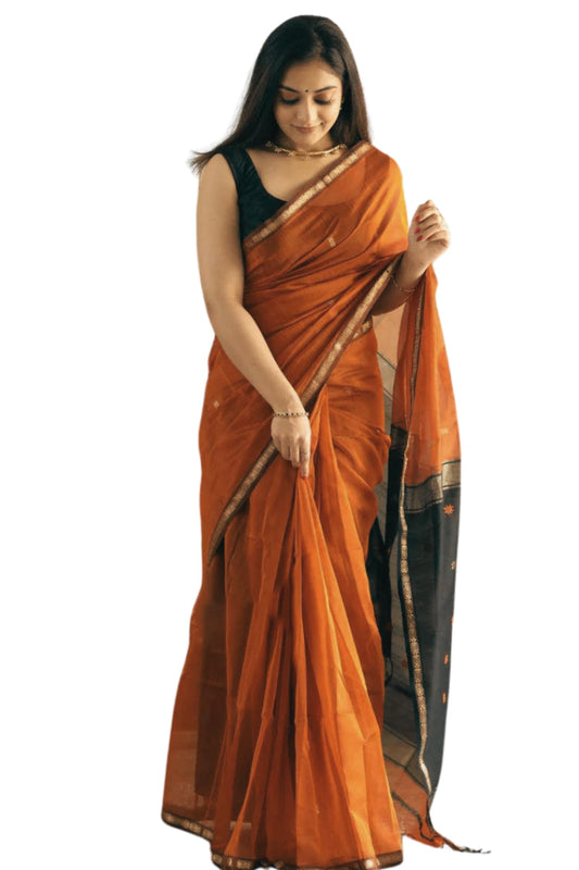 ZECVA Women's Pure Spun Linen Cotton Lichi Silk Saree With Attach Unstitch Blouse Piece (DARK ORANGE BLACK)
