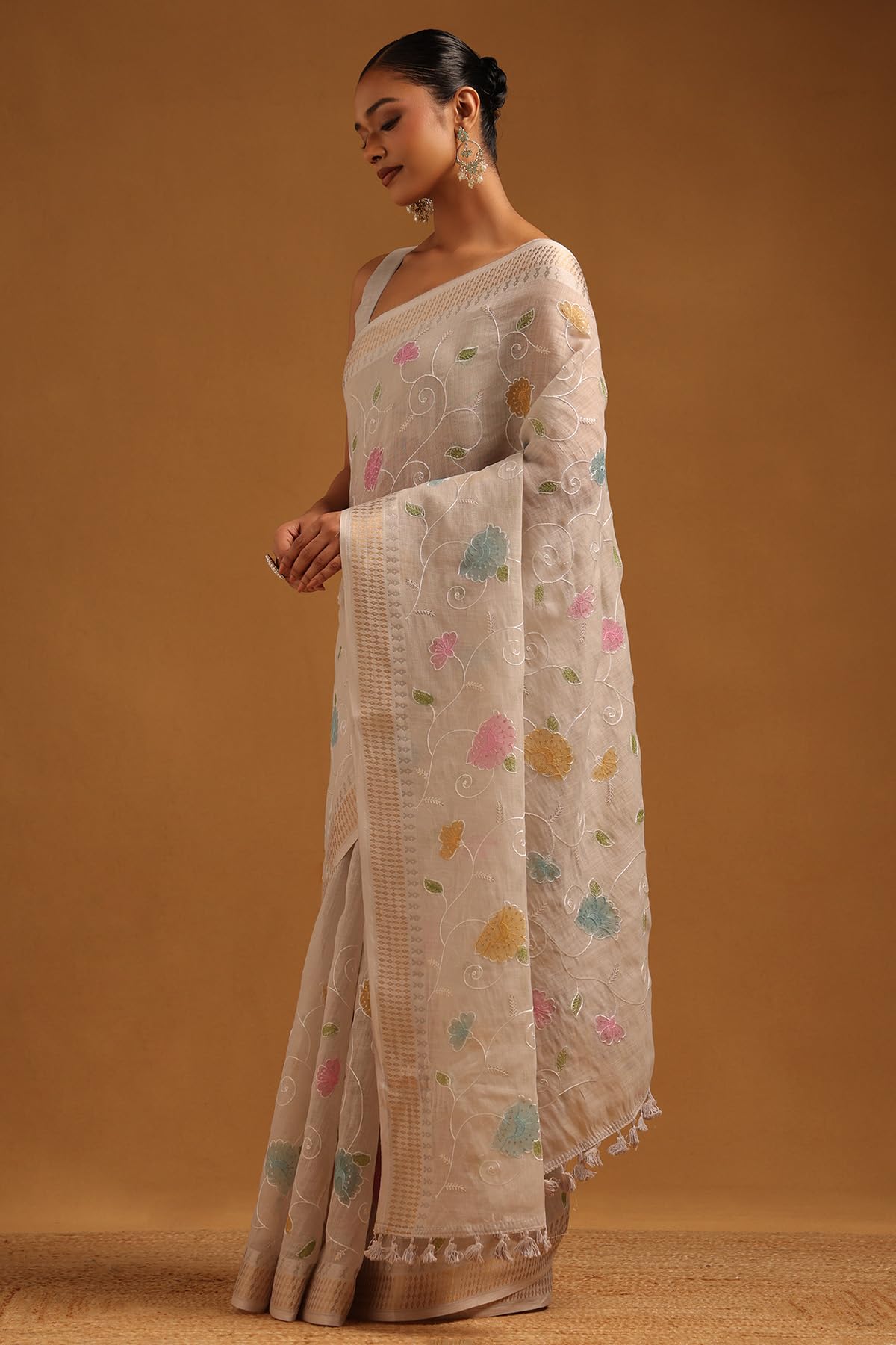 Soch Womens Light Grey Linen Floral Saree With Embroidery and Sequin Details